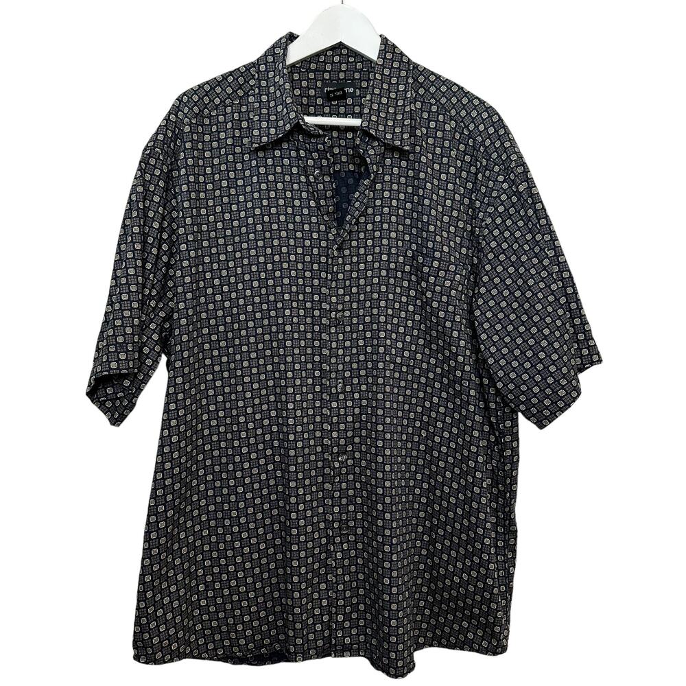 90s Liz Claiborne Geometric Pattern Short Sleeve Button Down Black Cotton XL